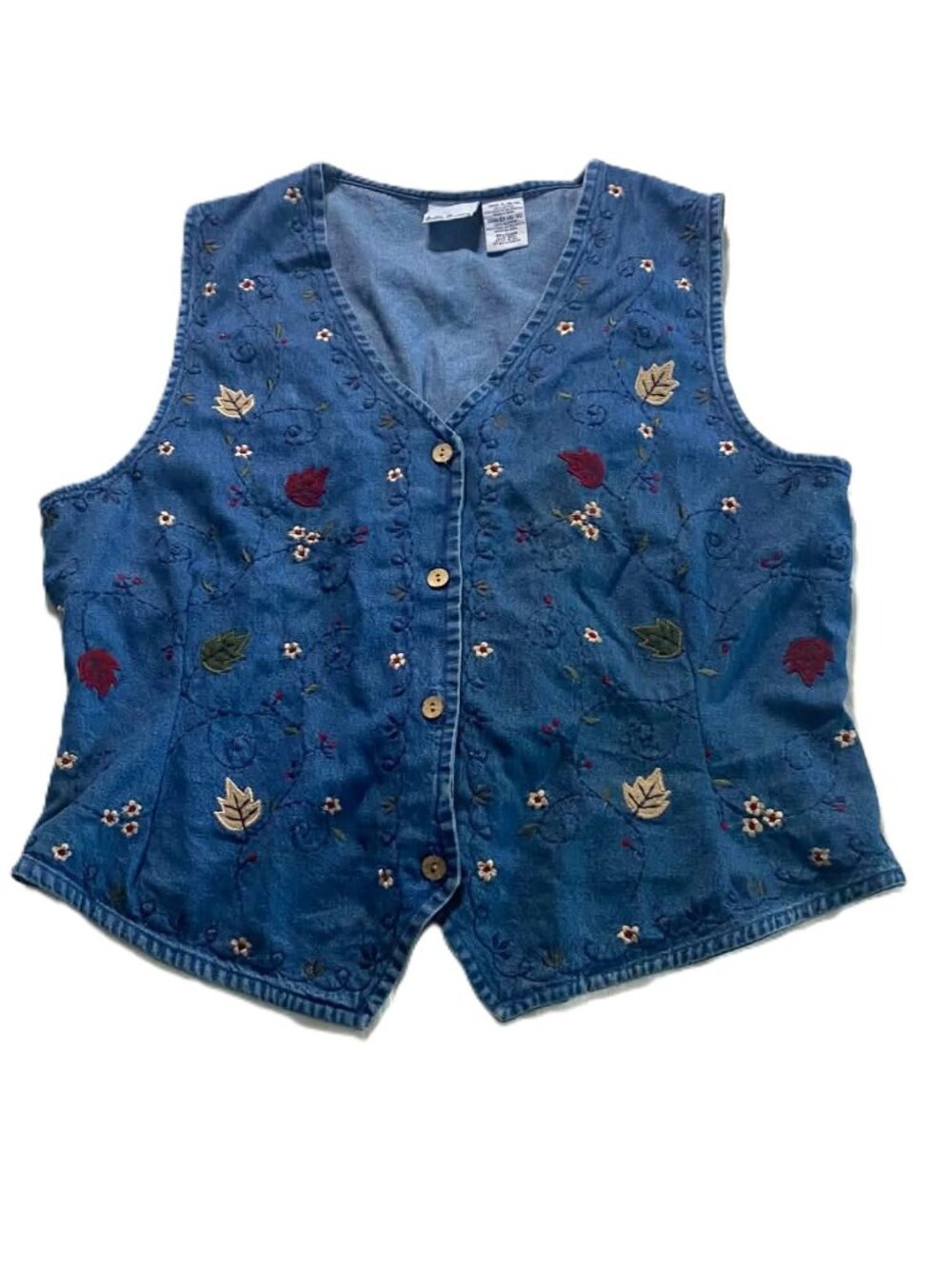 Vintage Bobbie Brooks Denim Vest XL 16/18 Floral Embroidered 90s Tie Back